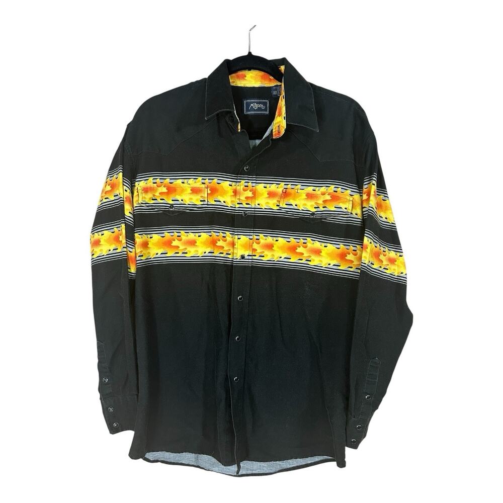 Vintage Roper Western Shirt Mens LARGE Flame Print Pearl Snap Long Sleeve